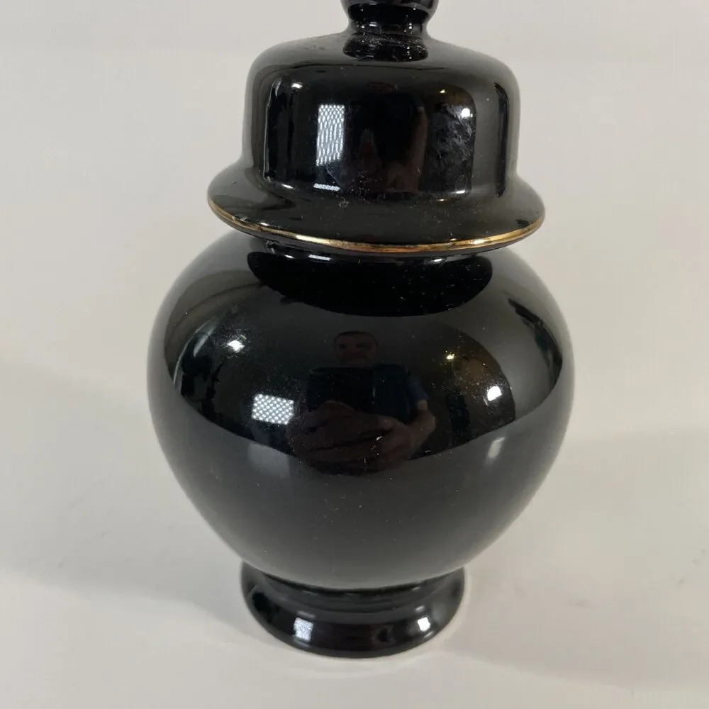 Vintage Made in Japan Black Gold Ginger Jar Lidded Vase Floral Bird